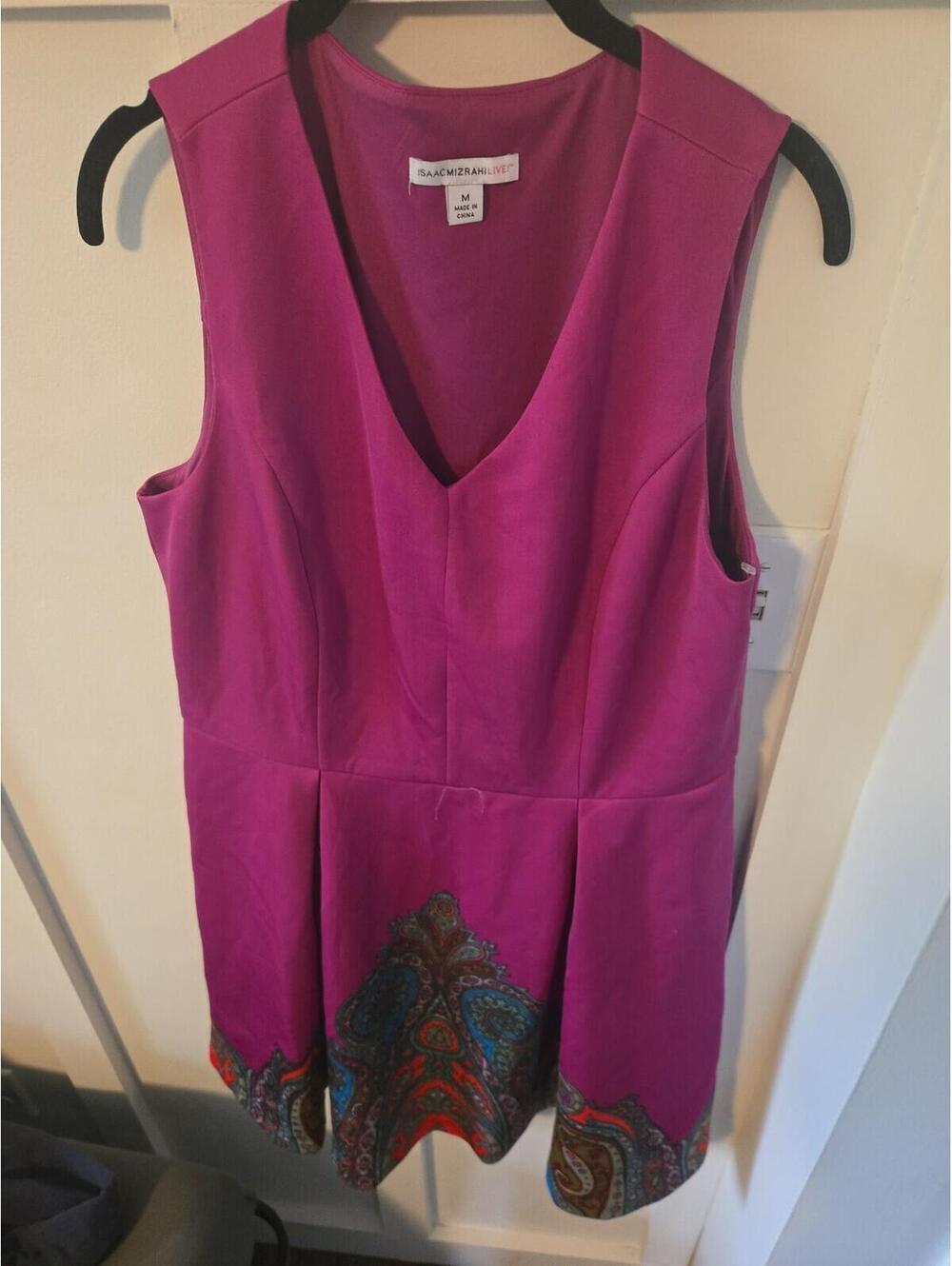 Isaac Mizrahi Live! Magenta Paisley Border V-Neck Fit & Flare Dress Size M
